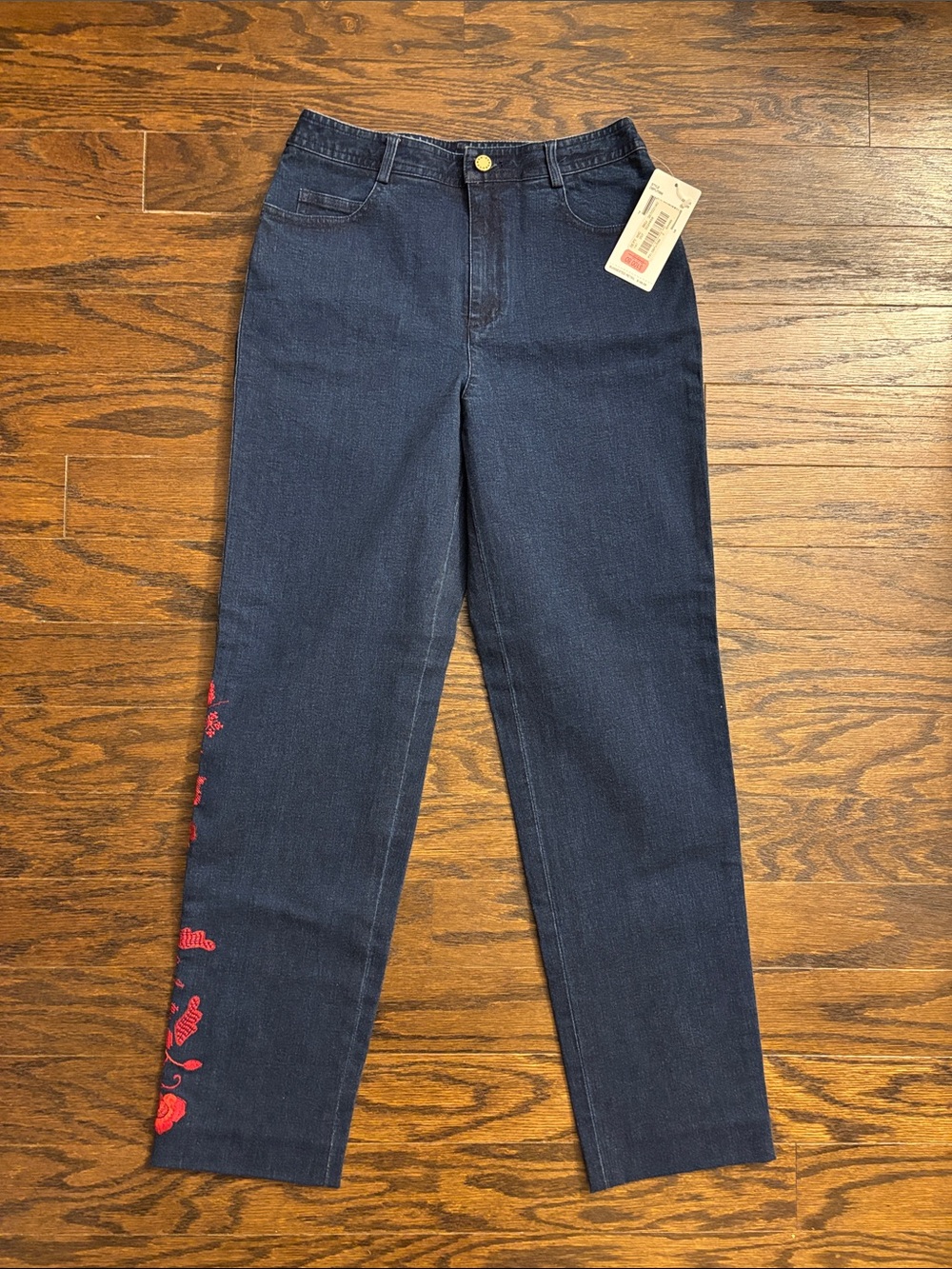 Dana Buchman Navy Straight-Leg Jeans with Red Embroidery